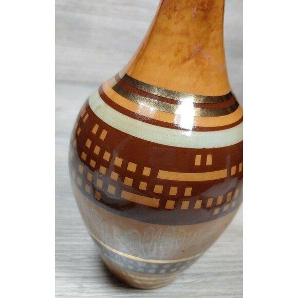 VTG Studio Art Pottery Gold Rim Hand Painted Brown Stoneware Pot Vase Dripped - Picture 10 of 12